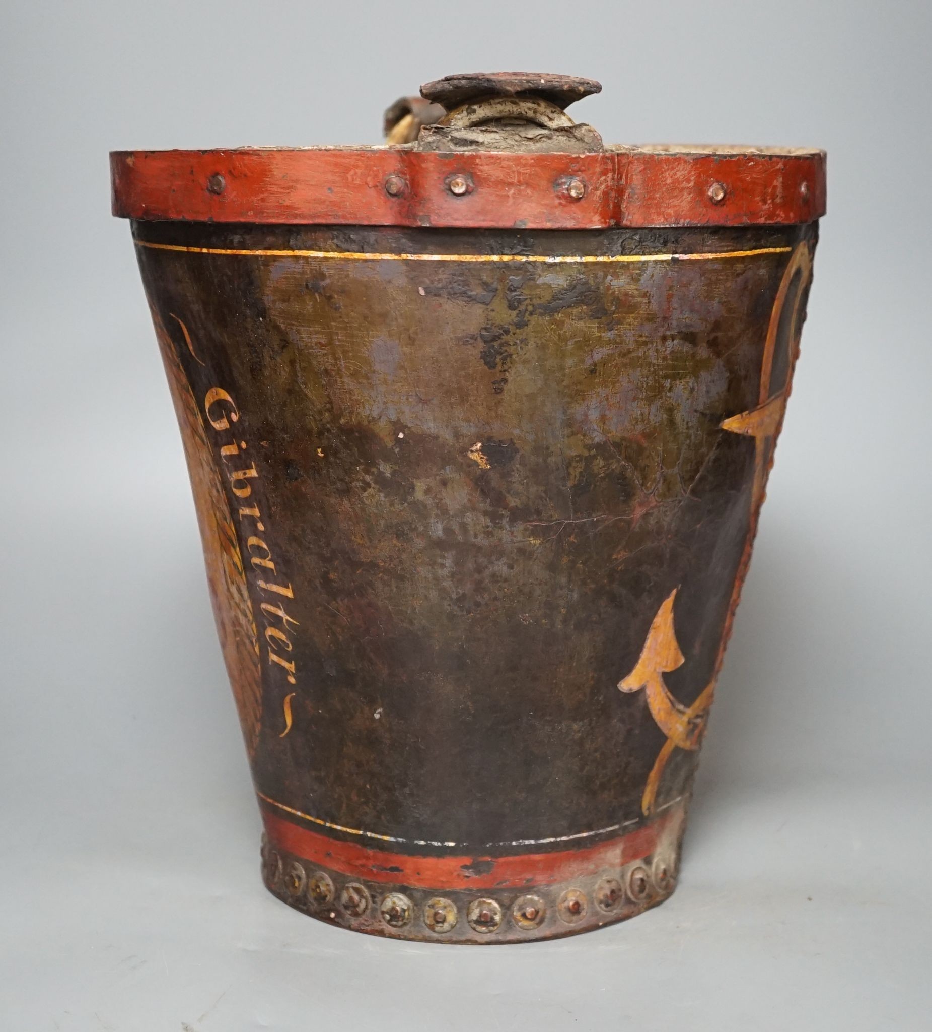 A painted leather fire bucket, later decorated ‘Government House Gibralter’ 27cm